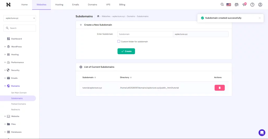 Subdomain Created Successfully