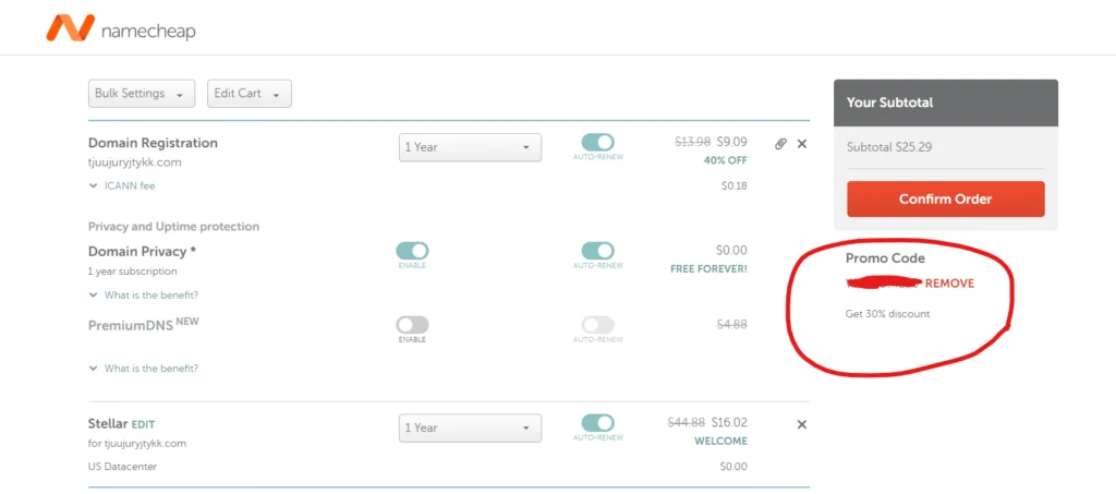 Namecheap Coupon Code applied