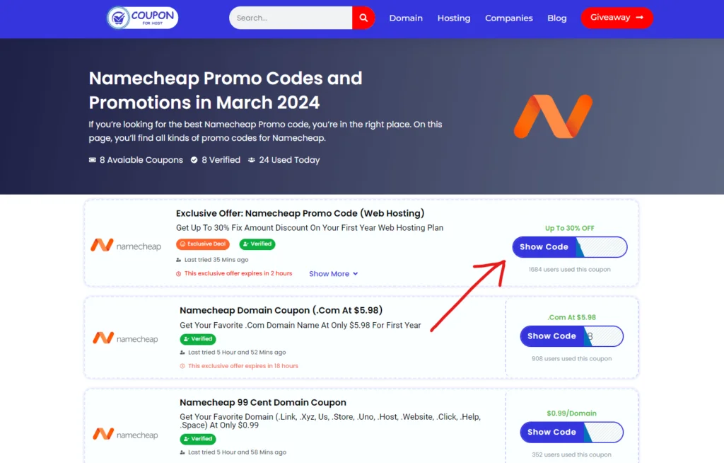 Namecheap Promo Code Page