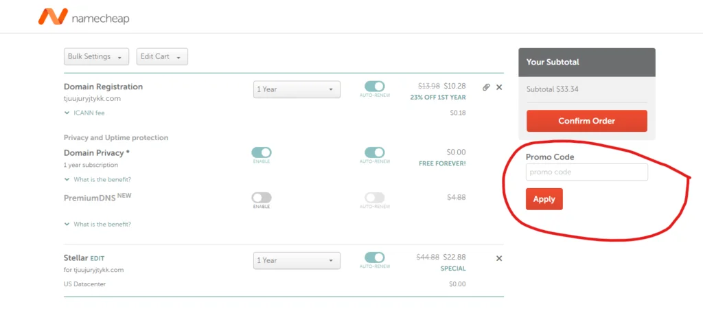 Namecheap Promo code input box