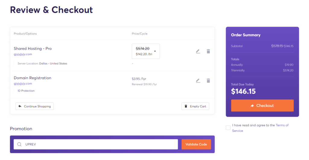 Chemicloud Coupon Code Review and checkout page