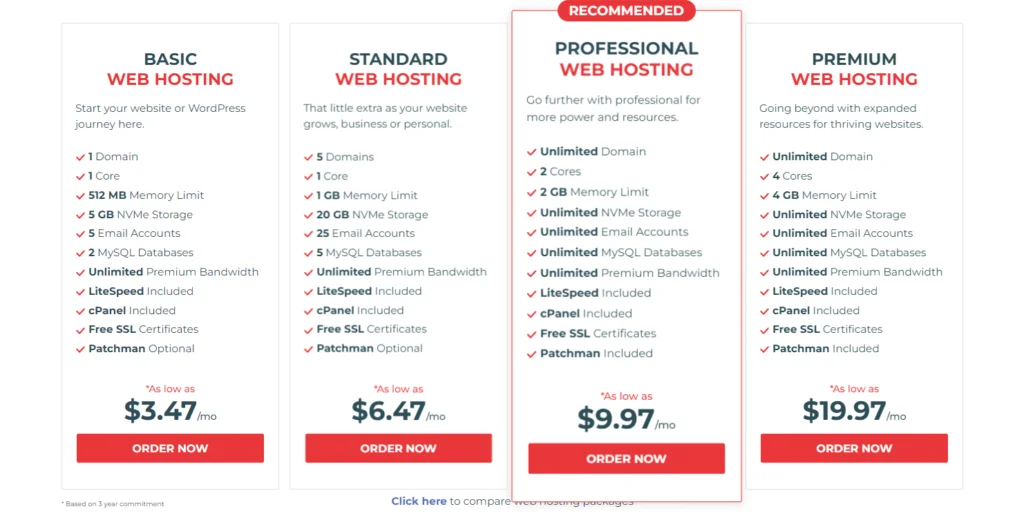 Select web hosting plan