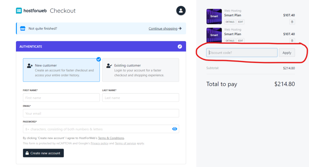 HostForWeb Coupon HostForWeb Coupon code input box