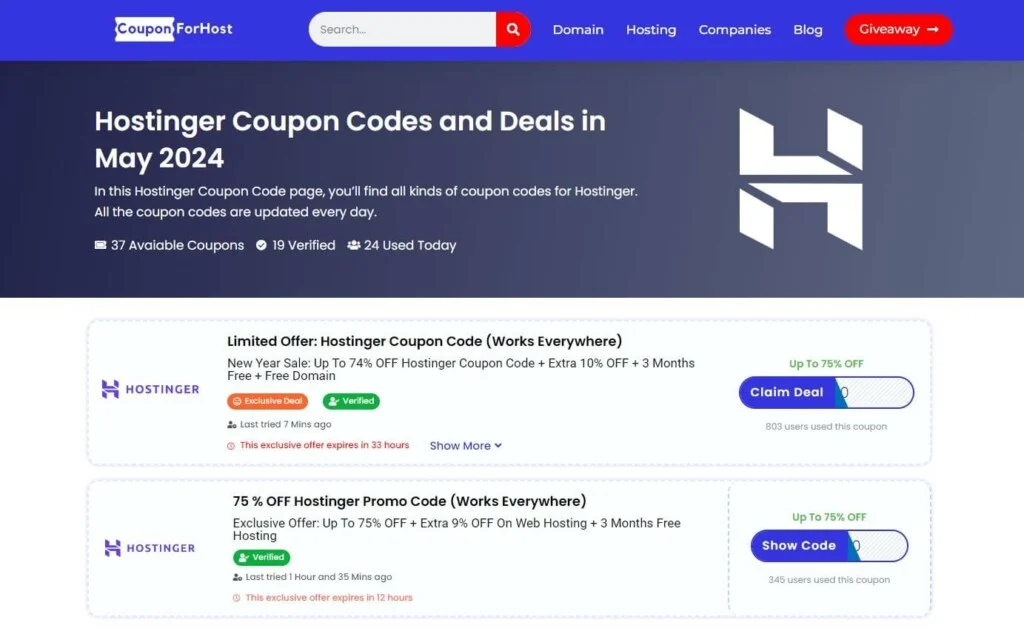 Hostinger Coupon Code Page
