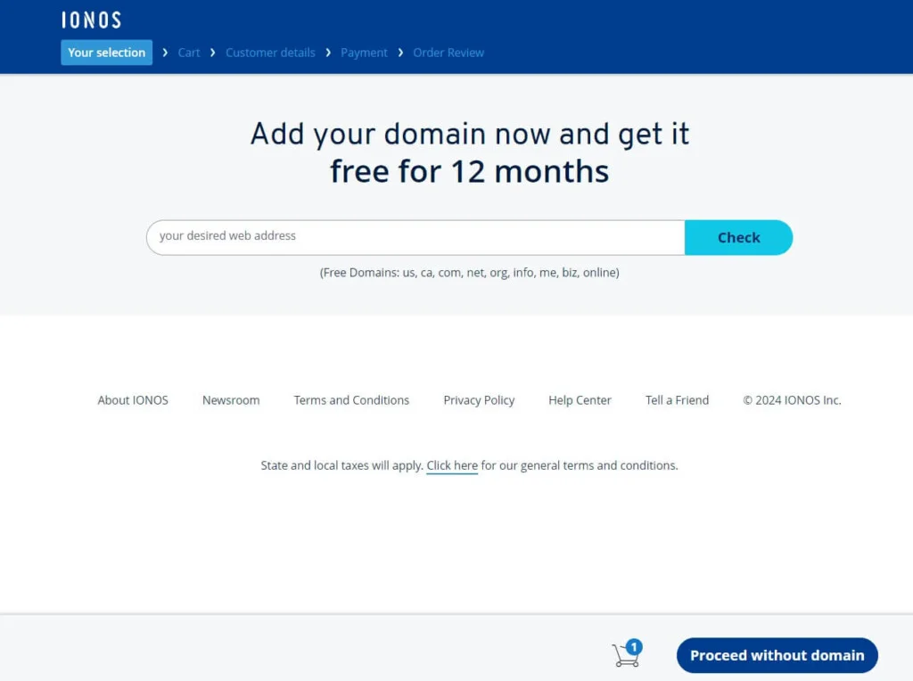 IONOS Domain Selection Page