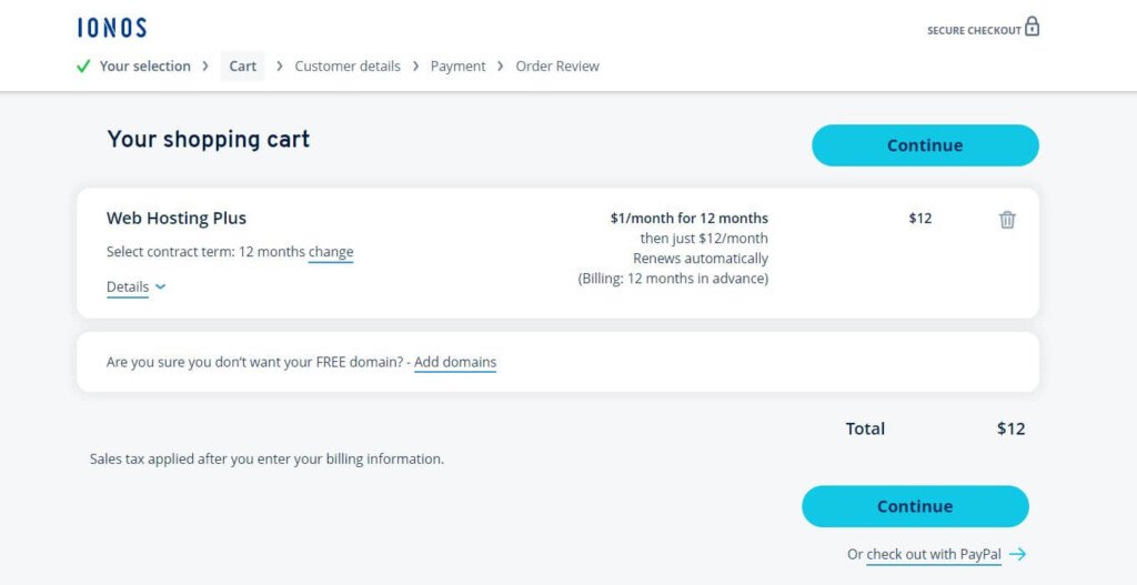 IONOS Promo Code IONOS cart page