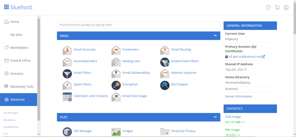 Bluehost Control Panel