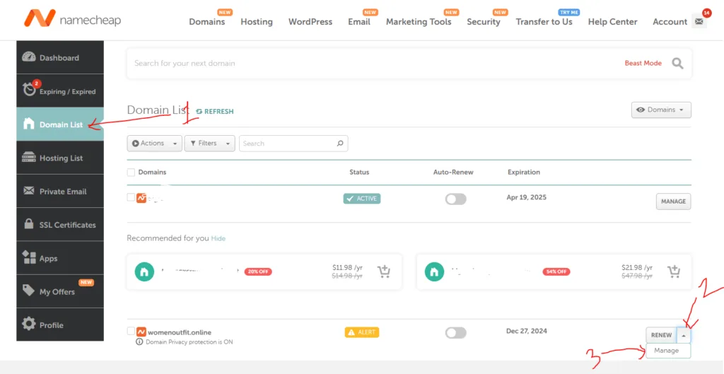 Namecheap Manage Domain
